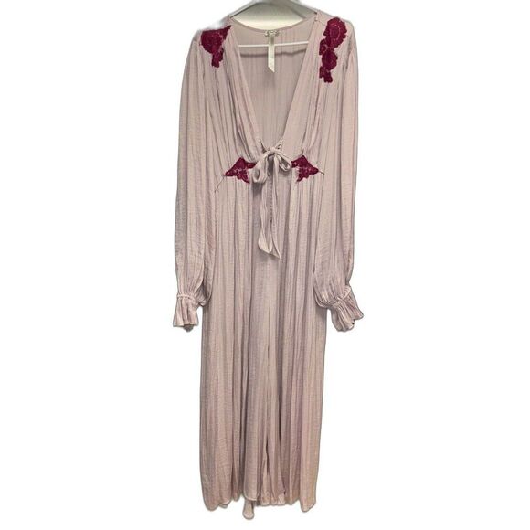 Free People L Perfect Morning One Piece Jumpsuit Pink Lace V Neck Long Sleeve - Picture 16 of 16